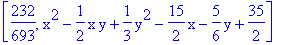 [232/693, x^2-1/2*x*y+1/3*y^2-15/2*x-5/6*y+35/2]